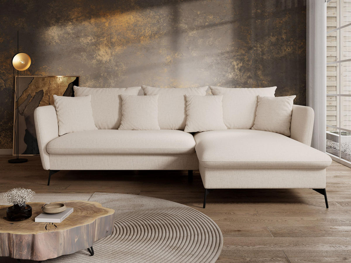 ECKSOFA FERRO Creme Chenille mit Schlaffunktion - Creme, Holz (258/167cm) - MASSENO