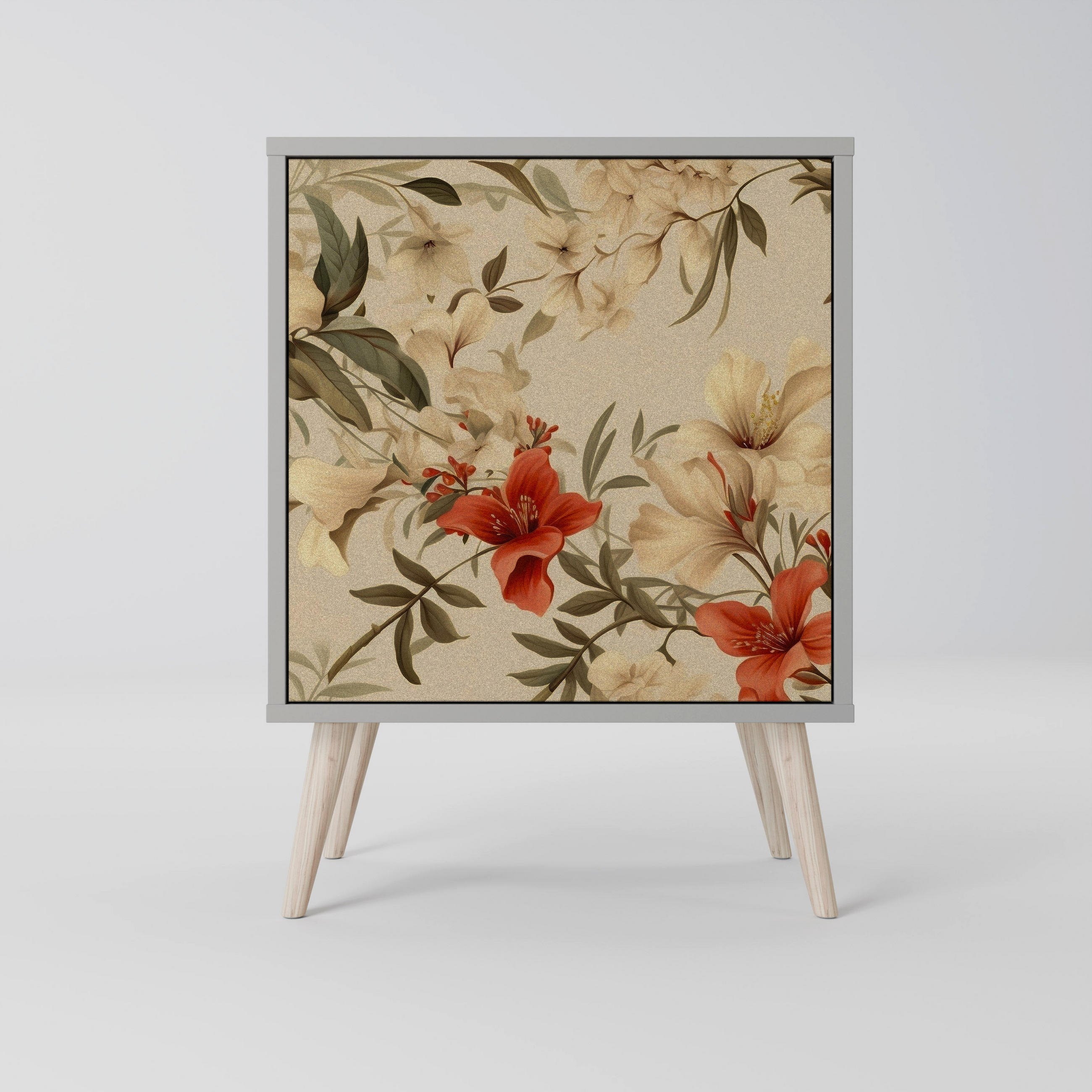 SIDEBOARD BLOOMING HARMONY, Grau, 57,5x42x77,5 cm, Schräge Buchenholzfüße - Buchefarben/Multicolor, Holzwerkstoff/Buchenholz (57.5/77.5/42cm) - SpaceRebels
