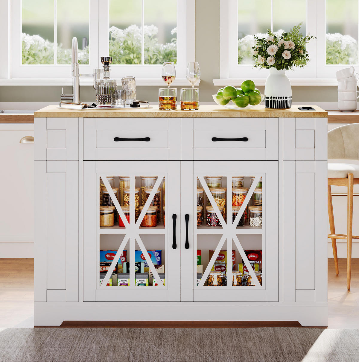 KÜCHENINSEL 120/40(65)/92 cm mit Klapptisch, 2 AC- und 2 USB-Anschlüssen, Glastüren und Rollen, Weiß/Natur - Weiß, Holzwerkstoff (120/92/65cm) - Redom