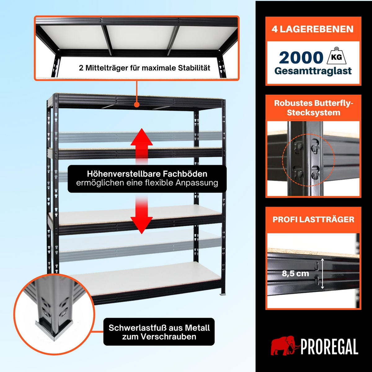 SCHWERLASTREGAL Rhino 180x160x60 cm 4 Melamin-Ebenen 16mm Fachlast 500 kg Schwarz - Schwarz/Weiß, Metall (160/180/60cm) - PROREGAL
