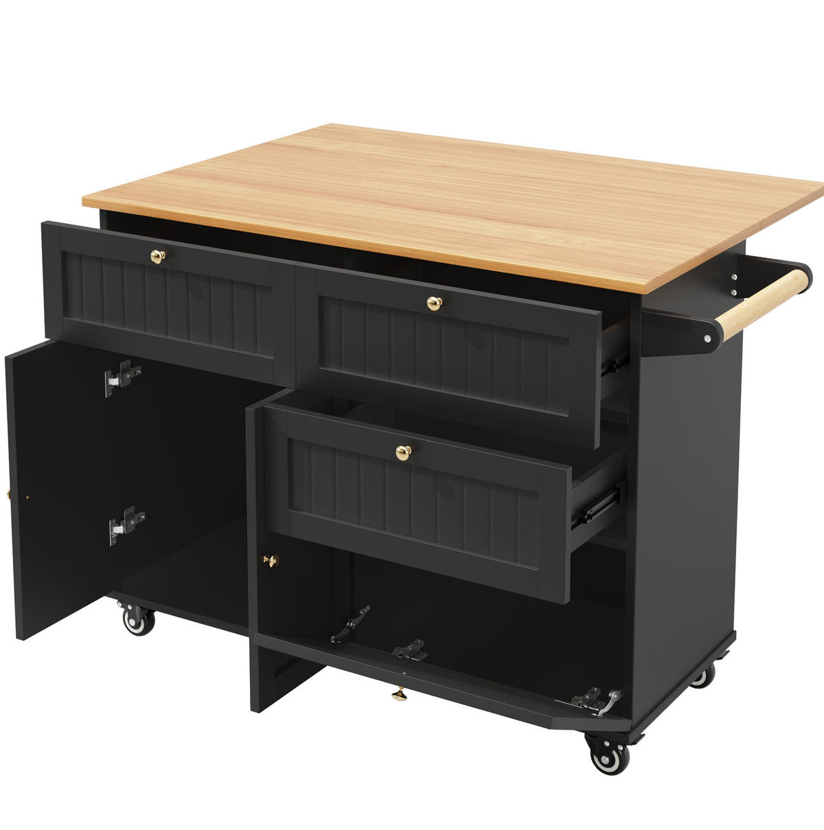 KUCHYNSKÝ ostrovček z MDF 133x70x88 cm čierny s kolieskami, nastaviteľnými nožičkami a úložným priestorom - čierna, kompozitné drevo (133/88/37cm) - Modfu