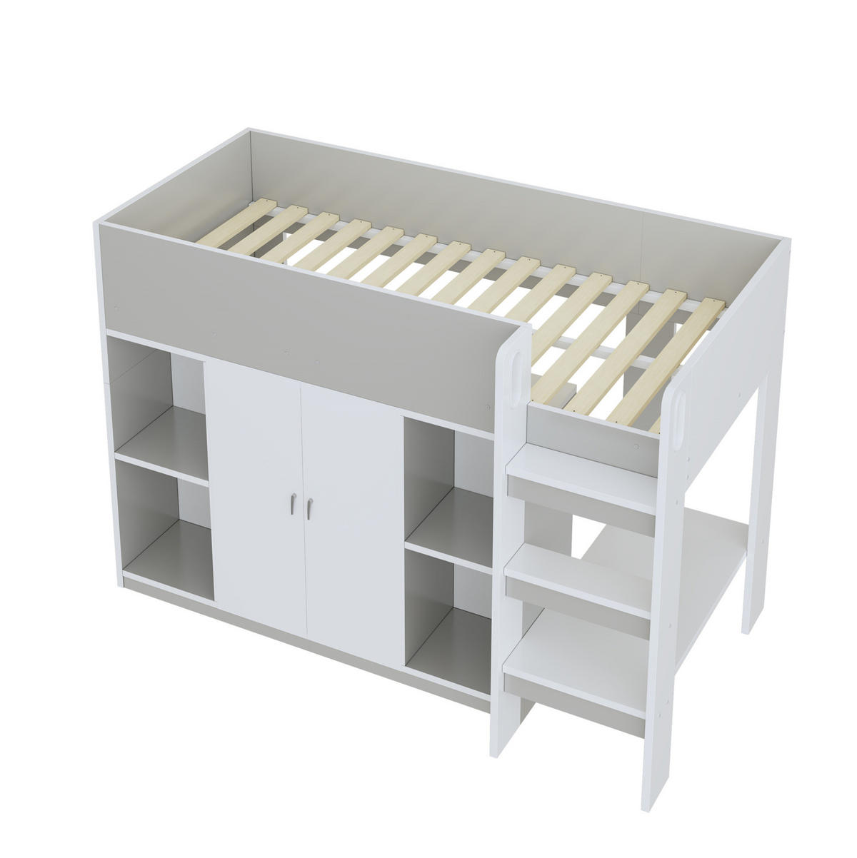 HOCHBETT 90/200 cm mit Leiter, Schrank und Regalen aus Holzwerkstoff, Grau/Weiß - Grau, Holzwerkstoff (90/200cm) - Redom