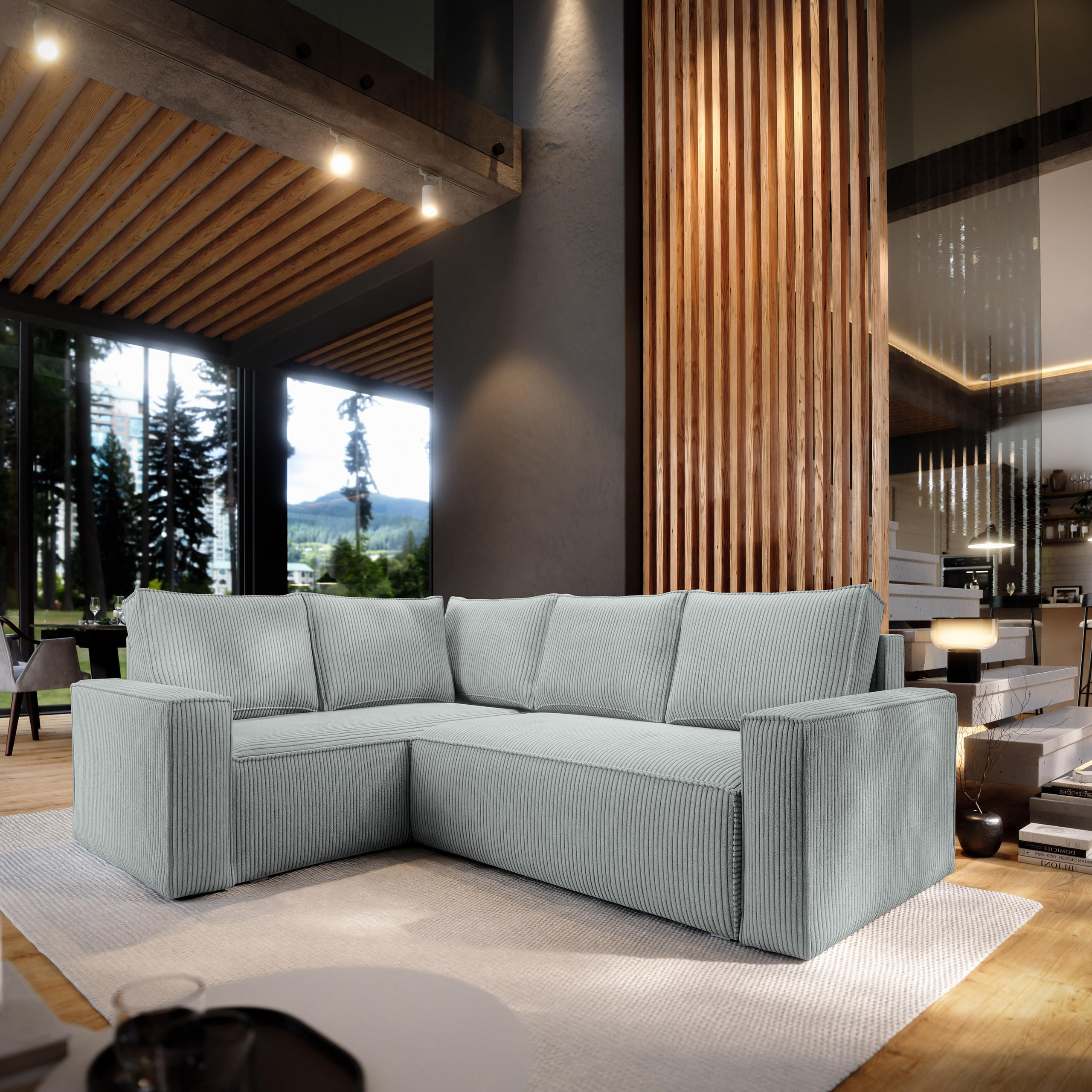 ECKSOFA ESTANO L-S Hellgrau Kordstoff mit Schlaffunktion - Hellgrau, Holz (230/158cm) - MASSENO
