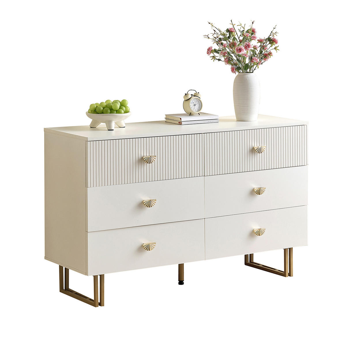 SIDEBOARD 120/40/75 cm mit 6 Schubladen in Weiß und goldfarbenen Griffen - Weiß, Holzwerkstoff (120/75/40cm) - BEAOK