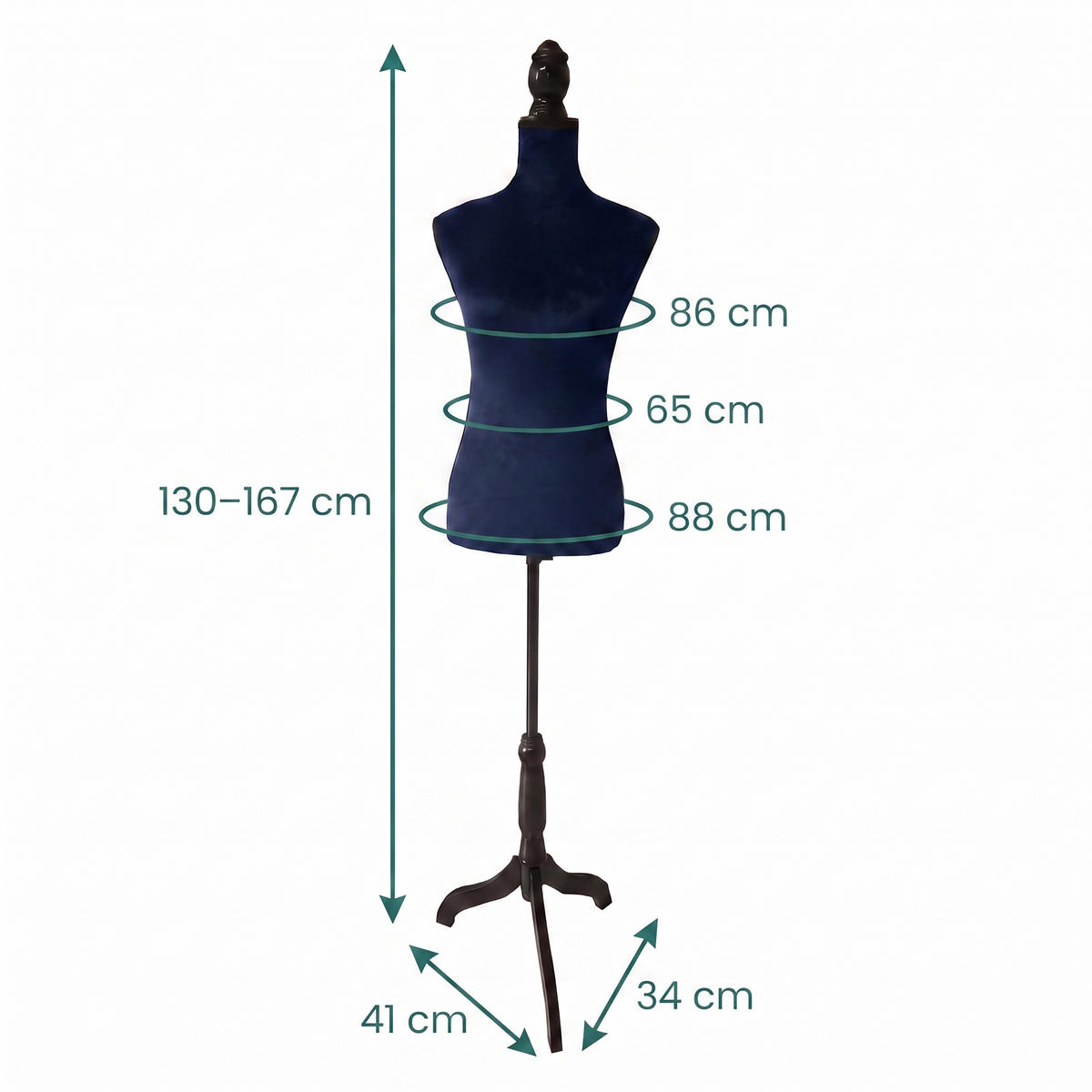 SCHNEIDERPUPPE Dunkelblau Samt Größe 36 bis 38 höhenverstellbar - Dunkelblau, Holz/Kunststoff (41/167/34cm) - Relaxdays