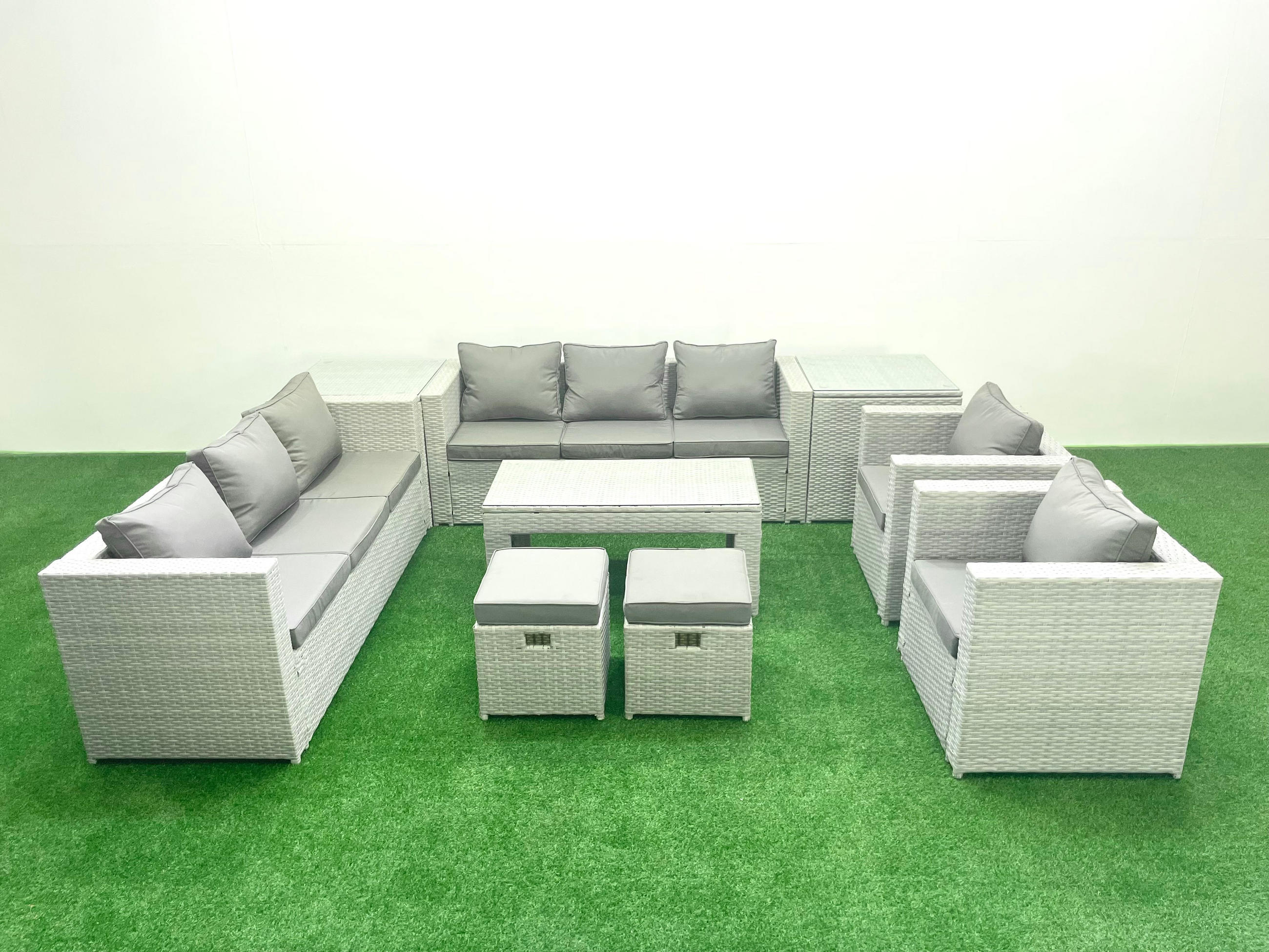 GARTENSOFA hohe Rückenlehne Polyrattan Hellgrau-Mix 10-Sitzer - Hellgrau/Grau, Glas/Kunststoff - Fimous