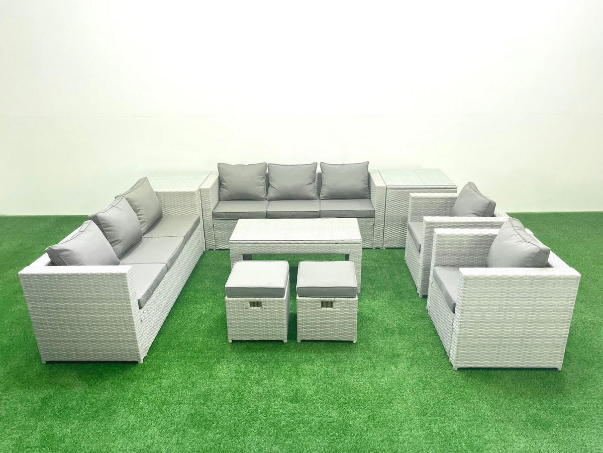 GARTENSOFA hohe Rückenlehne Polyrattan Hellgrau-Mix 10-Sitzer - Hellgrau/Grau, Glas/Kunststoff - Fimous