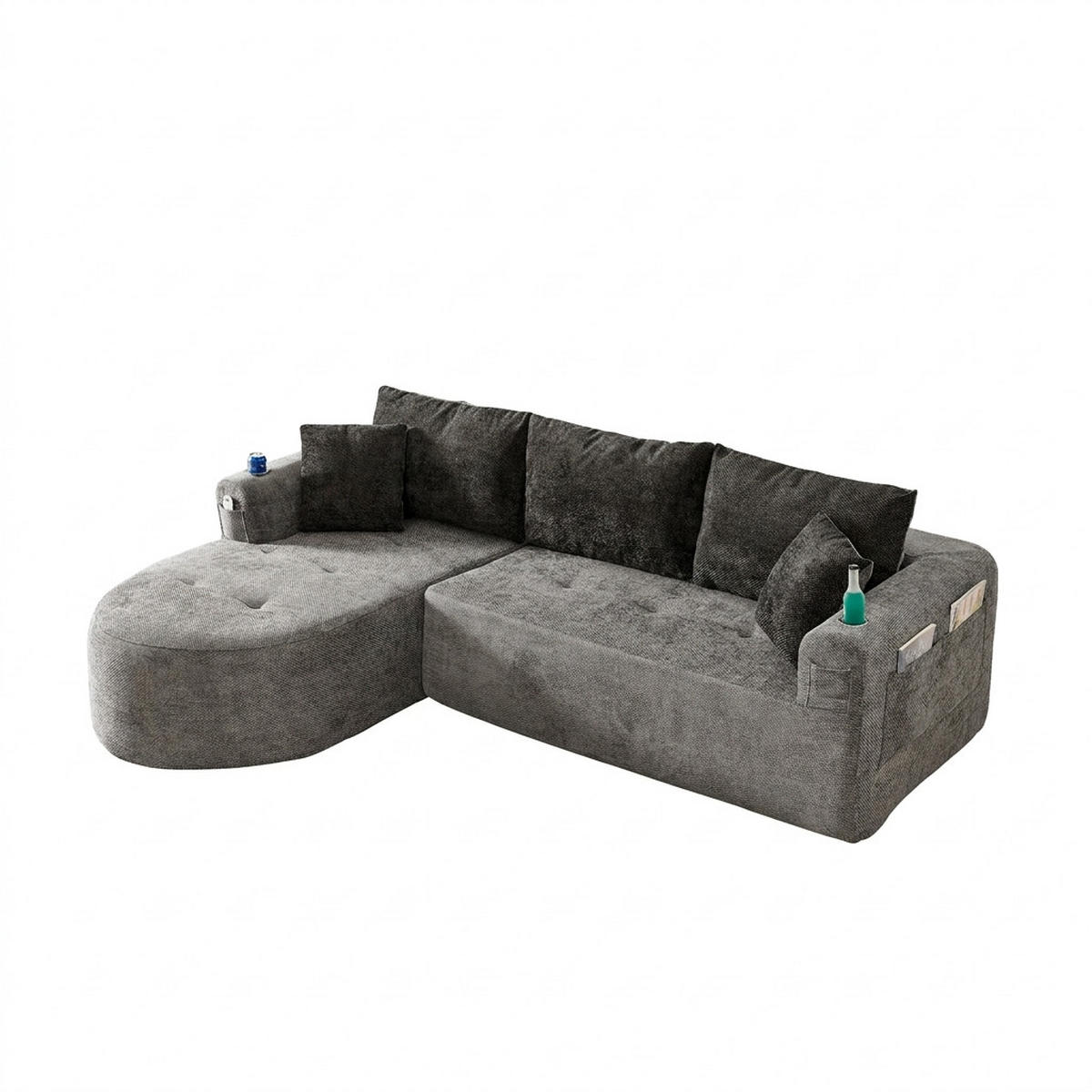 ECKSOFA 255/171/64 cm Grau Leinen mit 2 Getränkehalter - Grau, Textil (255/171cm) - Oxeza