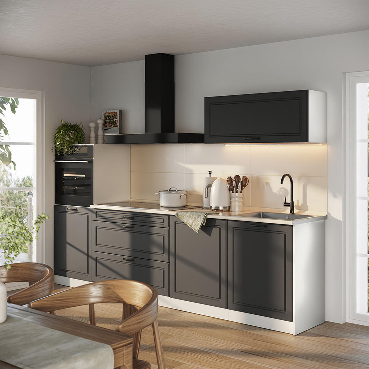 KUCHYNKA R-Line, Antracitový vidiecky dom/biely, 280 cm Goldkraft tammi työtaso - biela/antracitová, kompozitné drevo (280/143/60cm) - Vicco