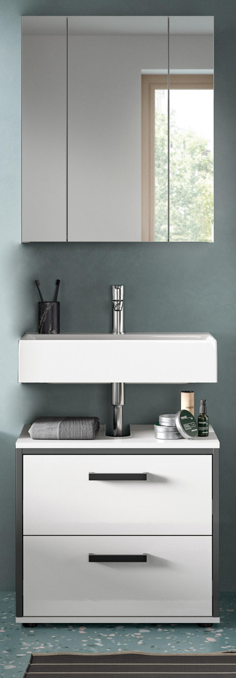 BADMÖBEL-SET 2-teilig weiß Hochglanz, grau, Badkombination 60 x 190 cm - Weiß Hochglanz/Schwarz, Glas/Holzwerkstoff (60/190/37.5cm) - Inn.Furn