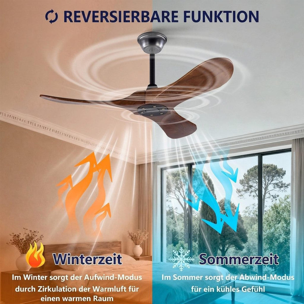 DECKENVENTILATOR & 3 Holzflügeln, Speicherfunktion, Fernbedienung - Braun, Holzwerkstoff (107/107/51cm) - Gisaae
