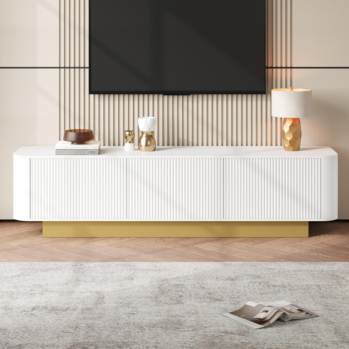 TV-LOWBOARD aus MDF und Spanplatte 170x40,5x47 cm Weiß mit 3 Türen und Kabelführung - Weiß, Holzwerkstoff (170/47/40.5cm) - IVMEU