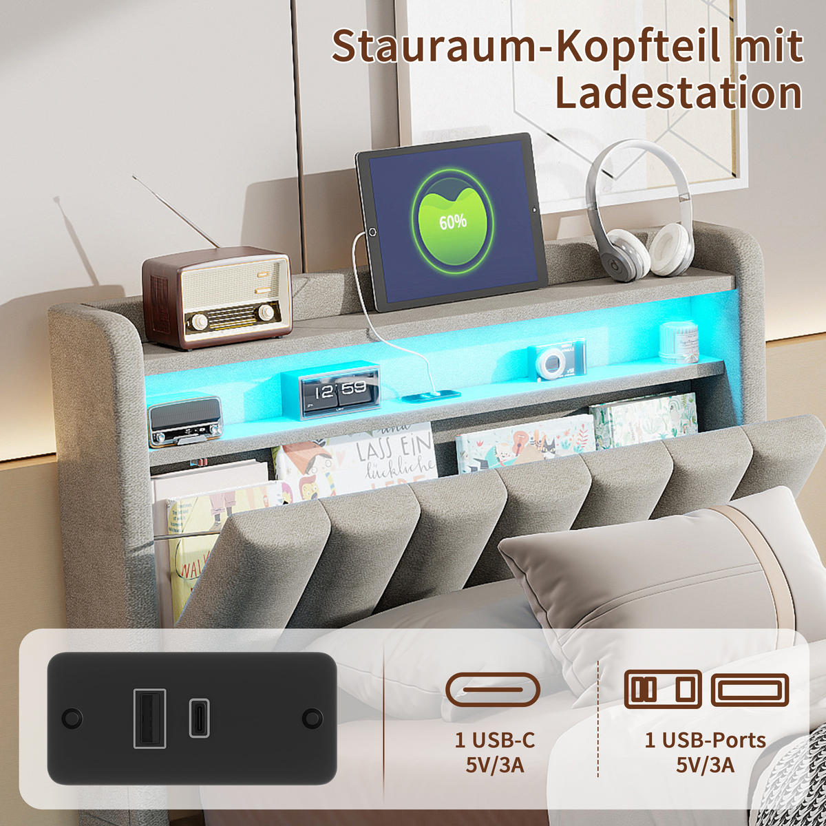 STAURAUMBETT 90x200 cm Einzelbett, LED und USB, Kopfteil mit Stauraum, Samtstoff in Grau - Grau, Holz (90/200cm) - BRILVERDE