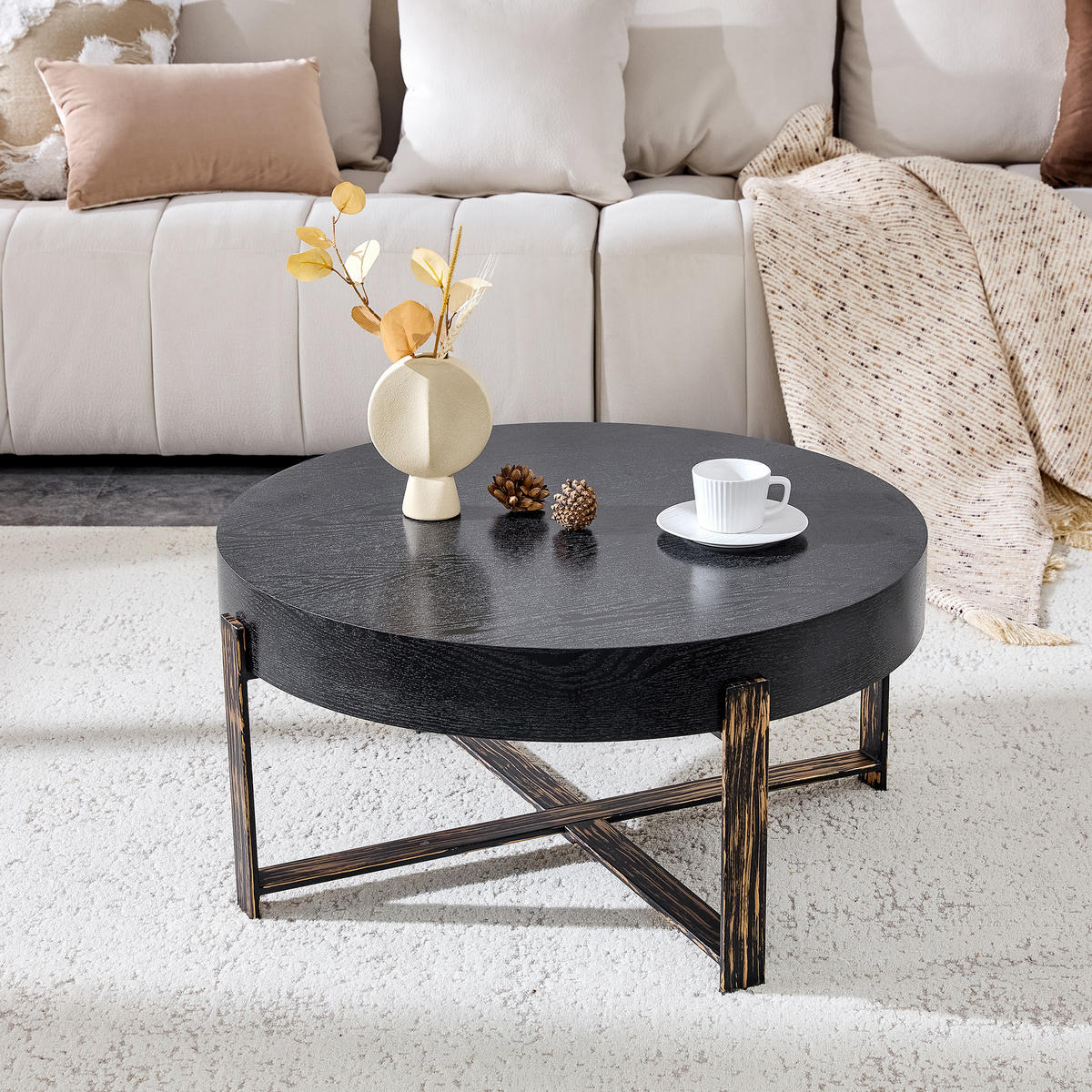 COUCHTISCH 68/68/36 cm mit MDF-Platte und Metall-Kreuzgestell im Retro-Industriestil, Schwarz - Schwarz, Holzwerkstoff (68/68/36cm) - Redom