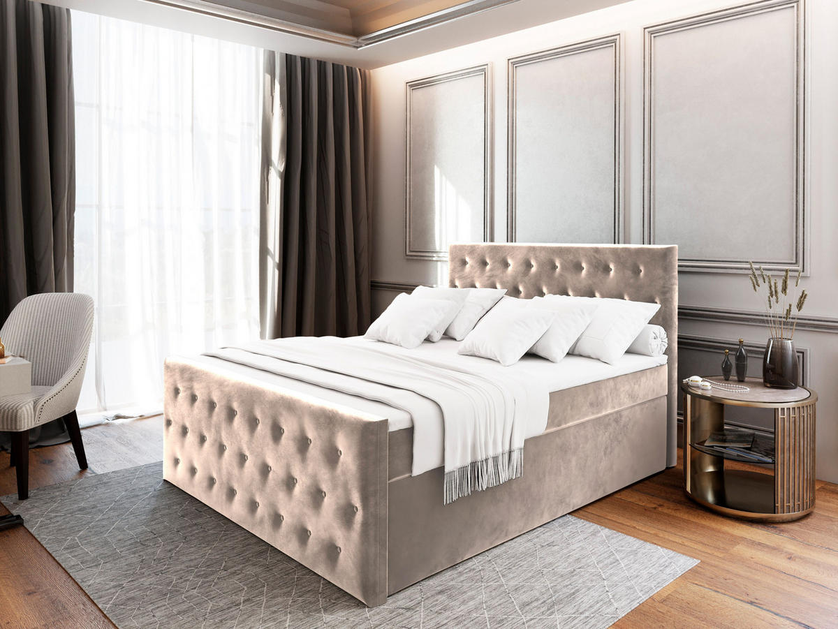 BOXBETT FONDI 180x200 cm mit Matratze und Topper - Beige - Beige, Holz (180/200cm) - MASSENO