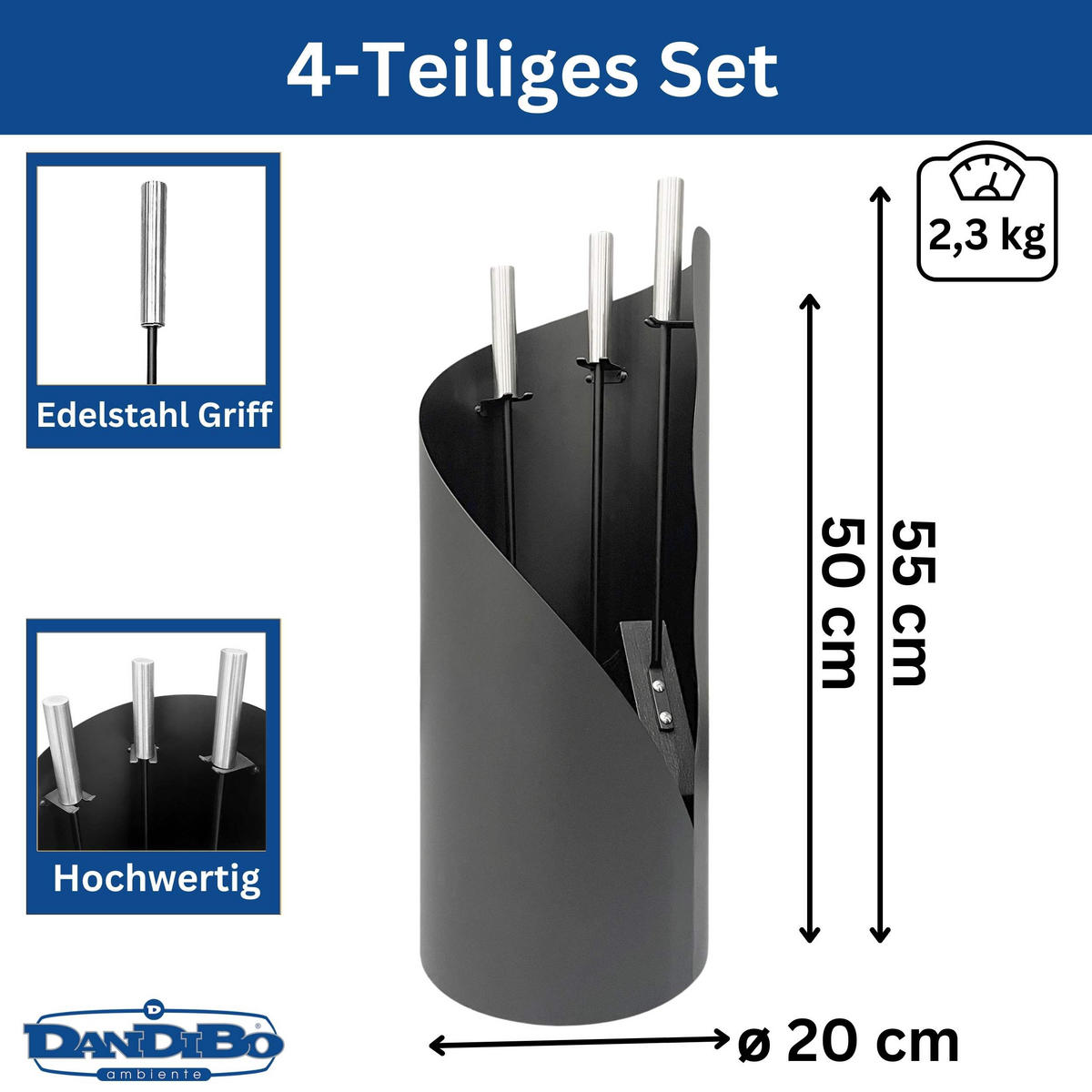 KAMINBESTECK Schwarz Modern 4 Teilig Set - Schwarz, Metall (20/55/20cm) - DanDiBo