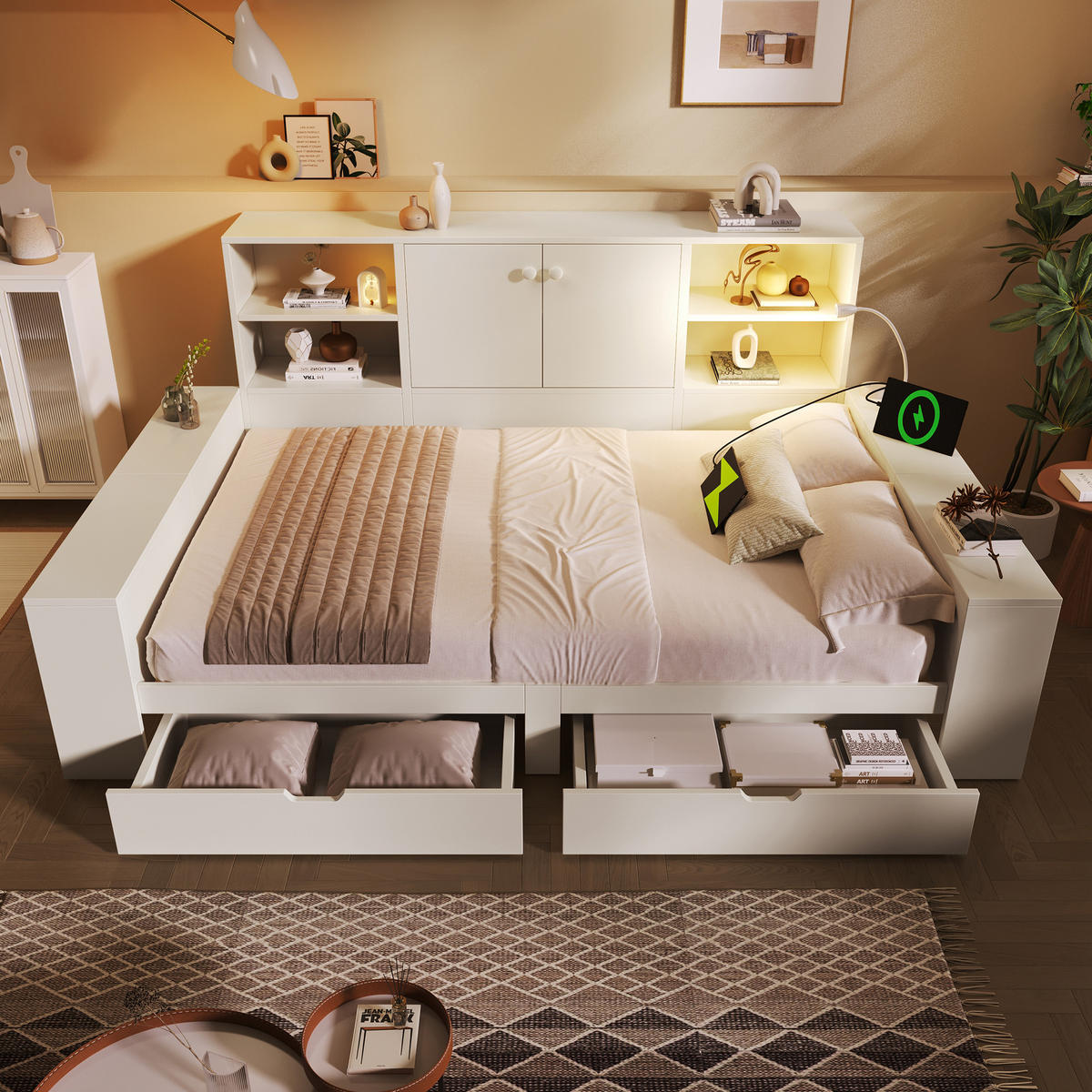 POSTEL 140/200 cm v bílé barvě se zásuvkami, úložným prostorem a USB - bílá, kompozitní dřevo (140/200cm) - CHICFURN