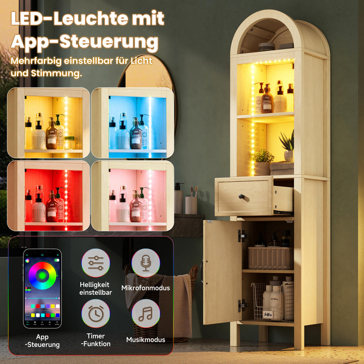 HOCHSCHRANK 40/30/163 cm Naturholz mit 1 Schubladen und LED - Naturfarben, Holz/Holzwerkstoff (30/163/40cm) - Oxeza