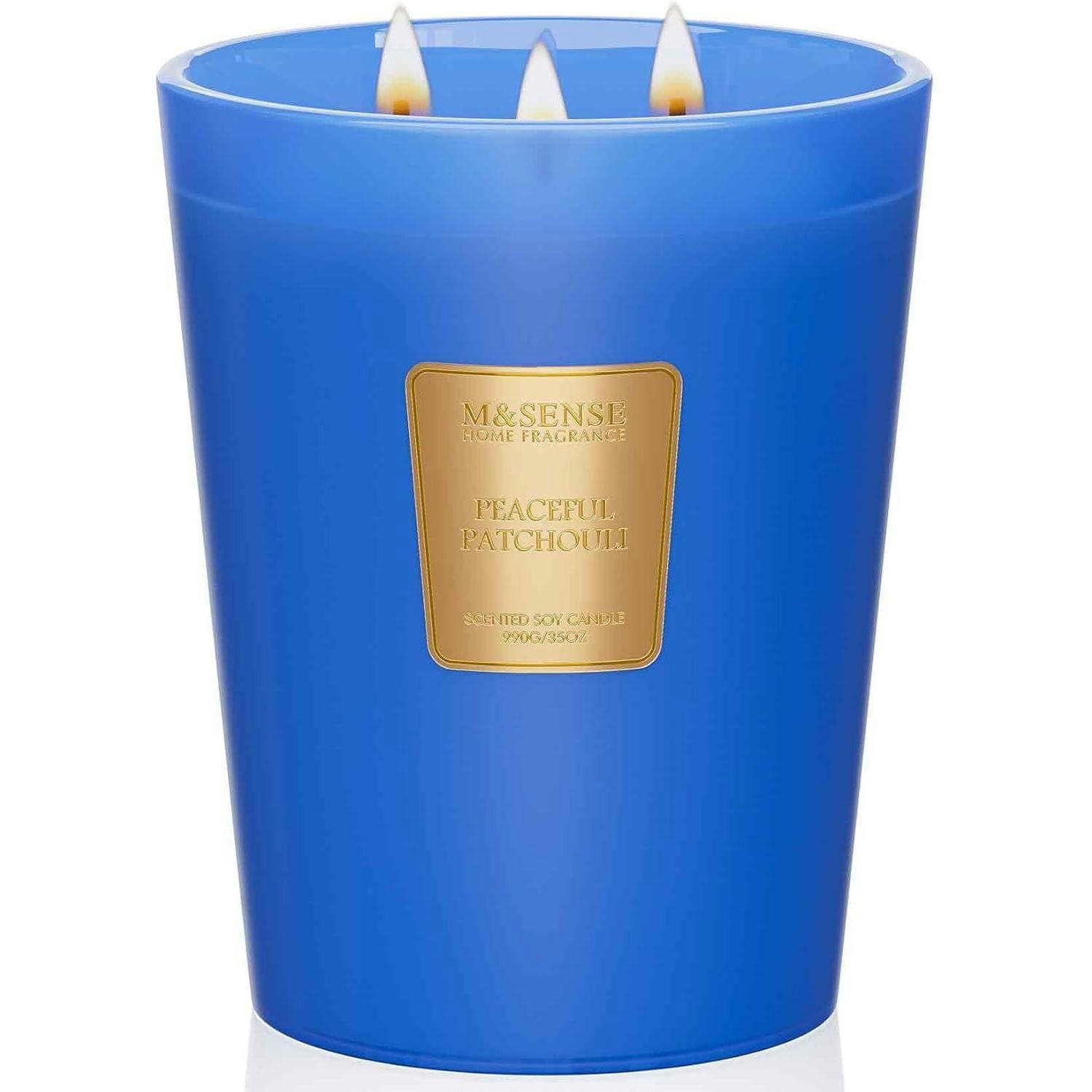 DUFTKERZE im Glas Patchouli Sandelholz 3 Dochte 990g - Blau, Paraffin (16cm)