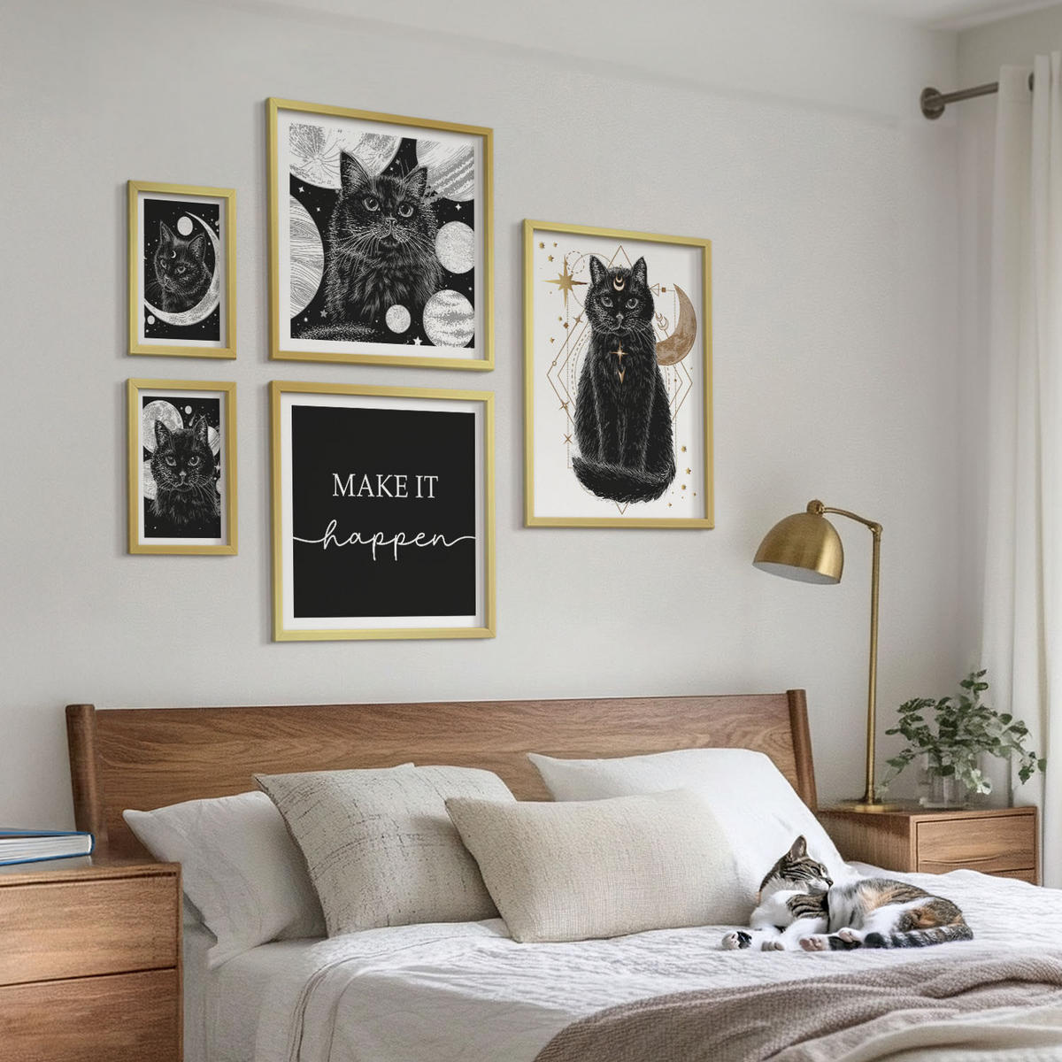WANDBILDER 5er Set - 50x50 cm & 20x30 cm & 40x60 cm Goldrahmen - Schwarze Katzen, Mond, Planet - Goldfarben, Kunststoff (40/60cm) - ArtPrintCave