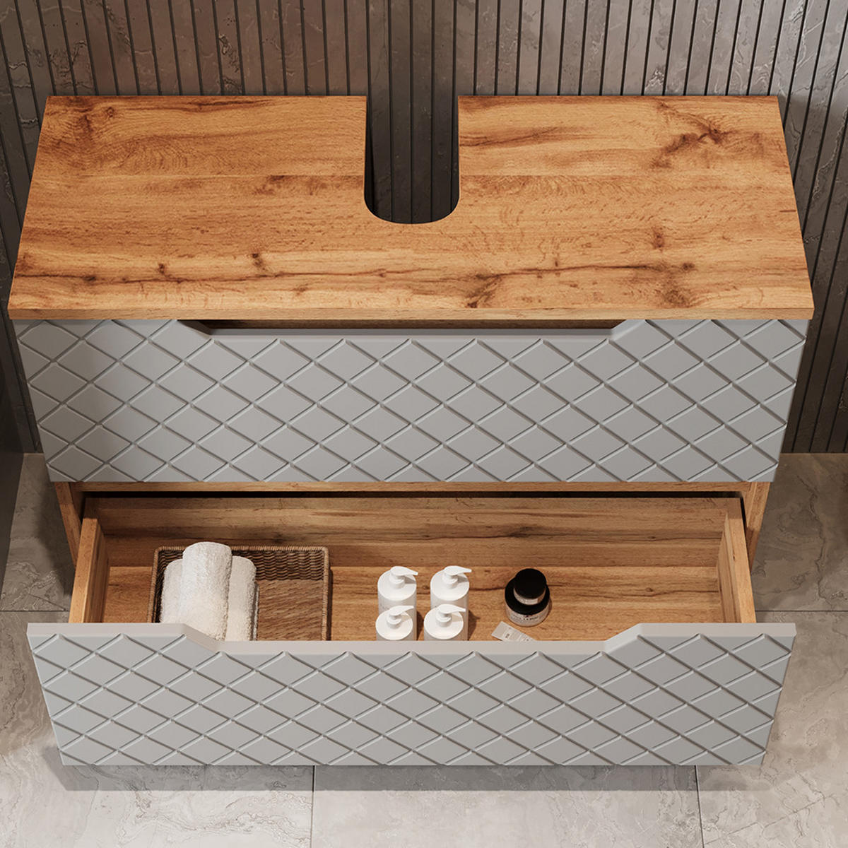 WASCHBECKENUNTERSCHRANK Lotta Eiche/Grau mit Kachelstruktur 79.6 x 62.5 cm mit 2 Schubladen - Eichefarben/Grau, Holzwerkstoff (79.6/62.5/32cm) - Vicco