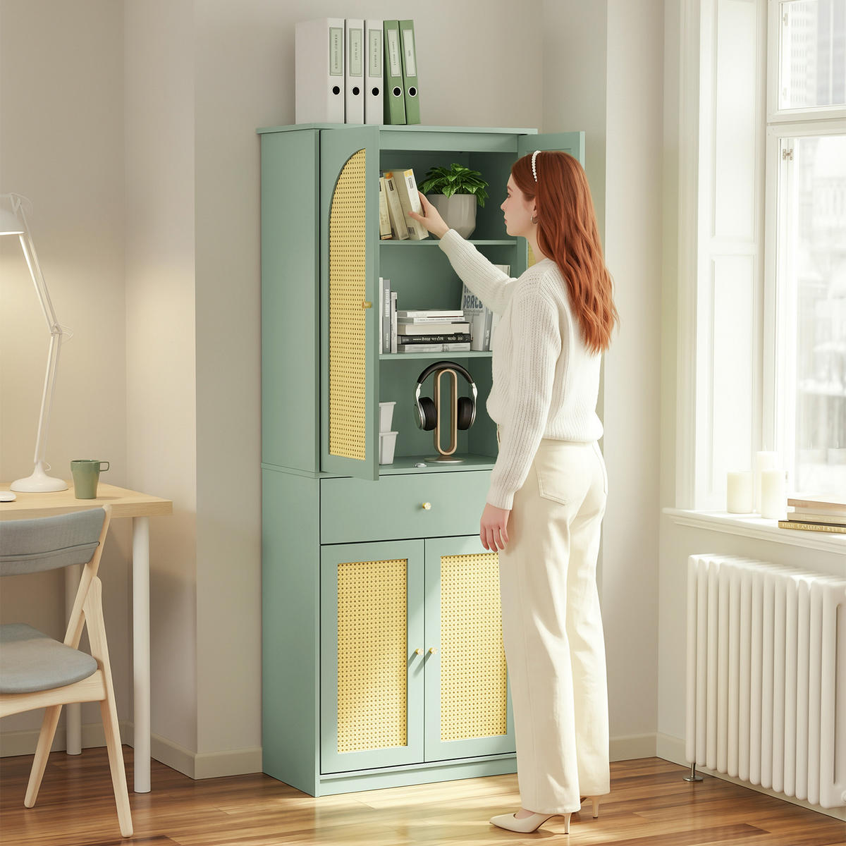 KLEIDERSCHRANK mit 4 Türen, 1 Schublade und 5 verstellbaren Böden, 70x34x180 cm - Grün, Holzwerkstoff (70/180/34cm) - SoBuy