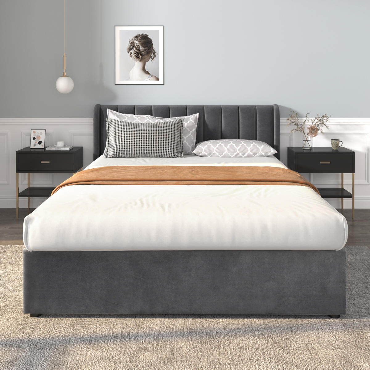 POLSTERBETT 160/200 cm Grau aus Samt mit Lattenrost und 2 Schubladen - Grau, Textil (160/200cm) - OKWISH