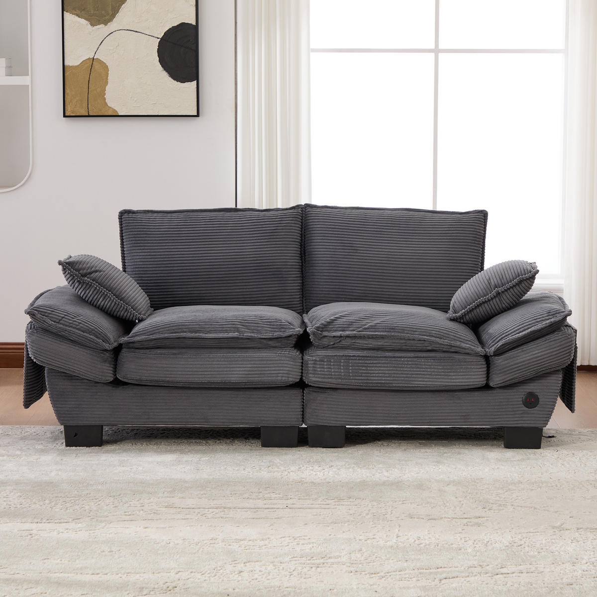 2-SITZER SOFA Cord Dunkelgrau mit USB-C und Seitentaschen - Dunkelgrau, Holzwerkstoff/Kunststoff (190/84/73cm) - WISHDOR