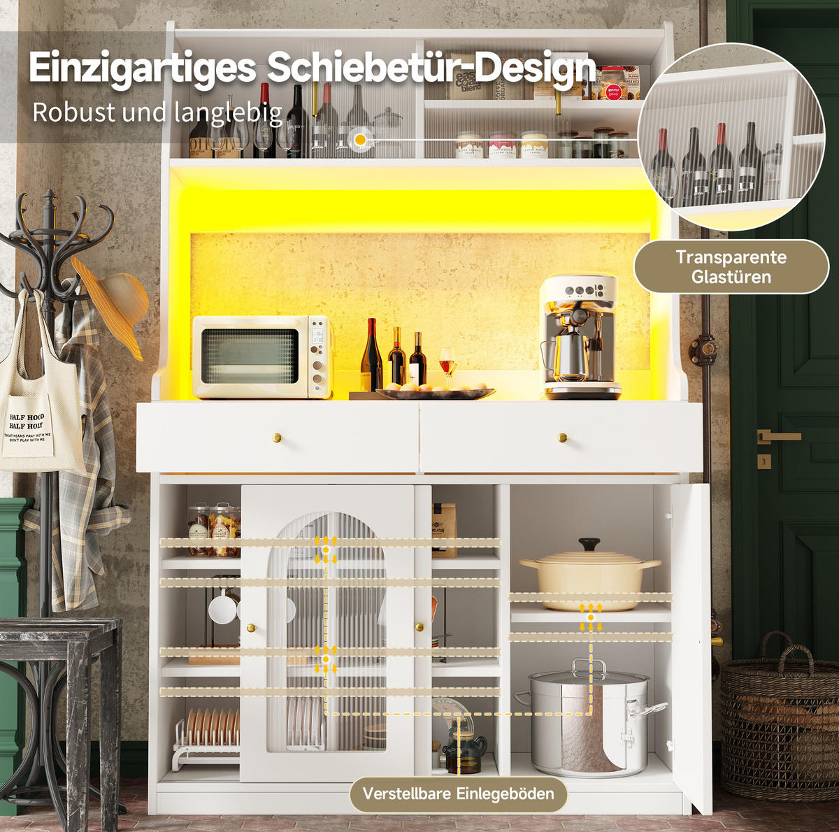 ANRICHTE 120/40/180 cm in Weiß mit LED-Beleuchtung und 2 Schubladen - Weiß, Holzwerkstoff (120/180/40cm) - Flora Grace