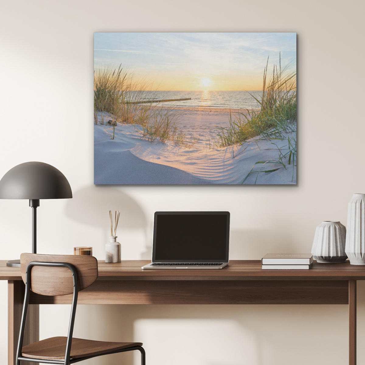 AKUSTIKPANEEL Strand - Sonne - Düne - Gras - Sand - Horizont 80x60 cm - Hellblau, Textil (80/0.9/60cm) - MuchoWow