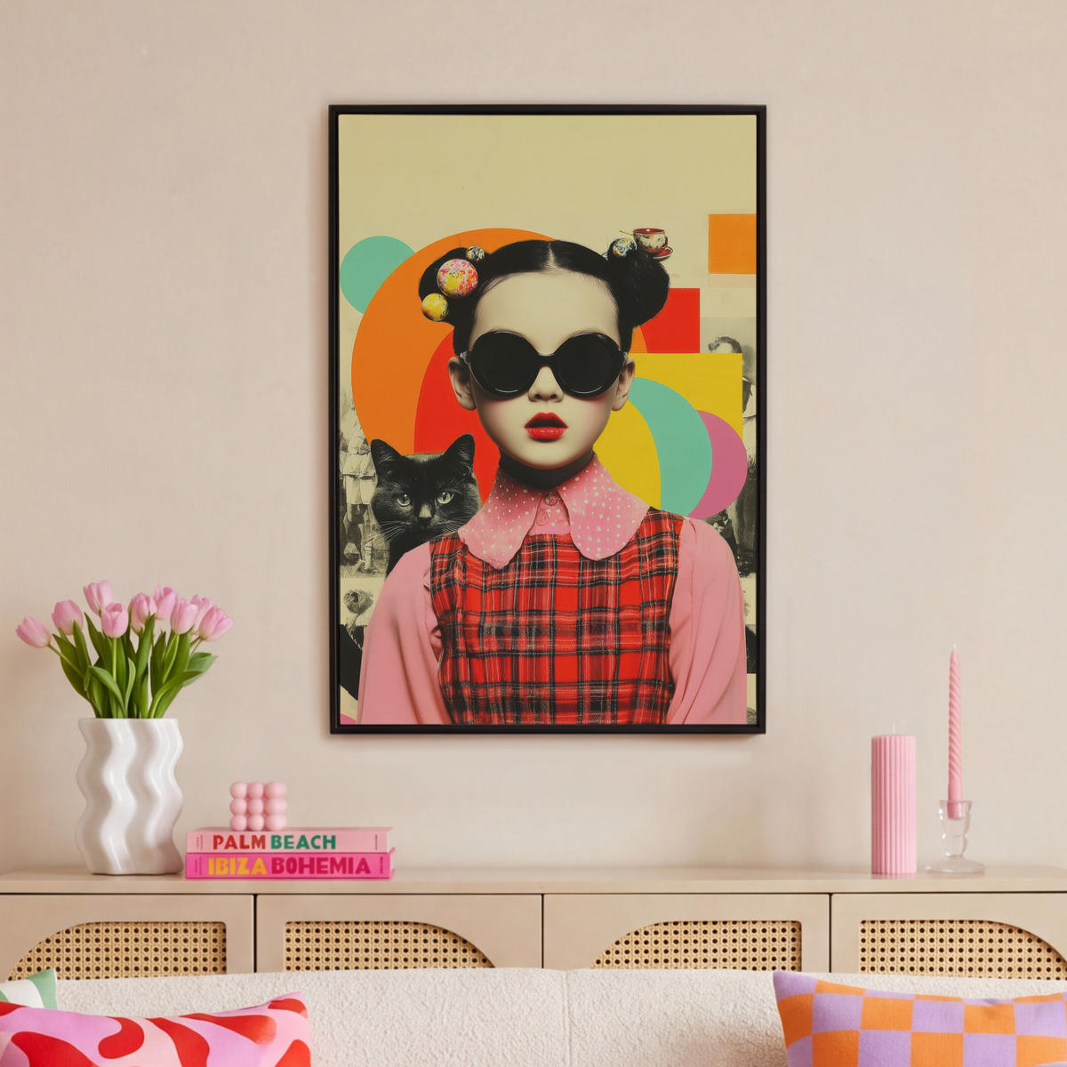 LEINWAND Bilder mit Rahmen - Mädchen - Sonnenbrille - Katze - Retro - 60x90 - Beige, Textil (60/90cm) - MuchoWow