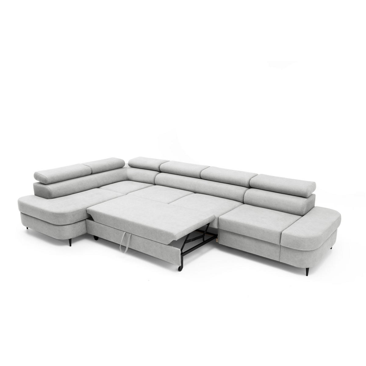 ECKSOFA PRIAM MAXI L-Form Links mit Schlaffunktion 125x195 Velours Hellgrau - Hellgrau/Schwarz, Holz/Textil (203/350cm) - Muffo