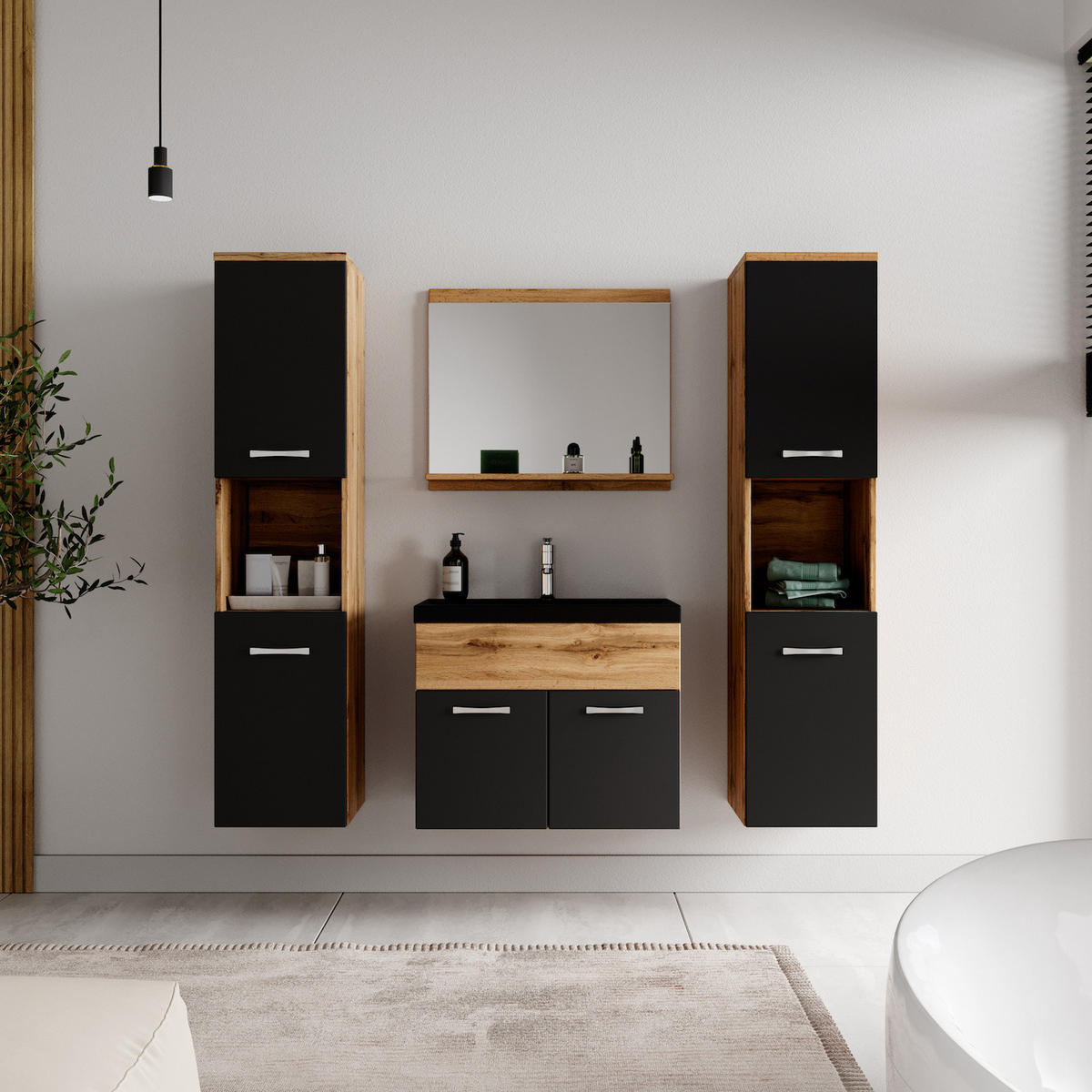 BADMÖBEL-SET Montreal 5 Teile Eiche / Schwarz - Schwarze Waschbecken - 60 x 35 x 51 cm - Eichefarben/Schwarz, Holz (60/51/35cm) - Badplaats