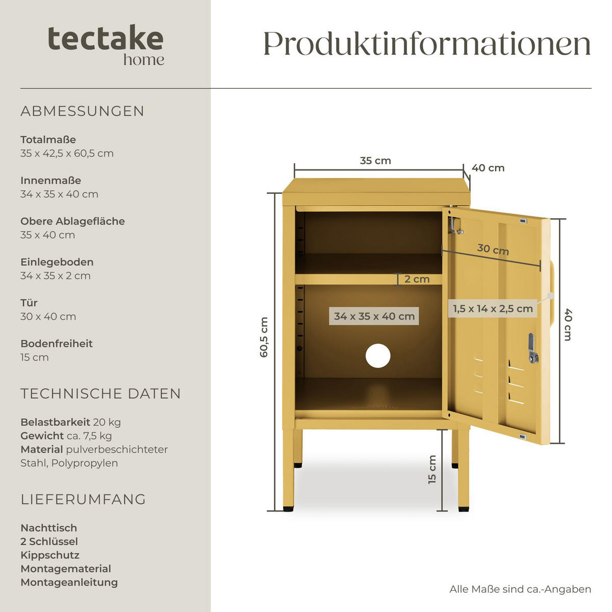 NACHTSCHRANK Baker, Kippschutz, höhenverstellbare Füße, gelb - Gelb, Metall (35/60.5/42.5cm) - tectake
