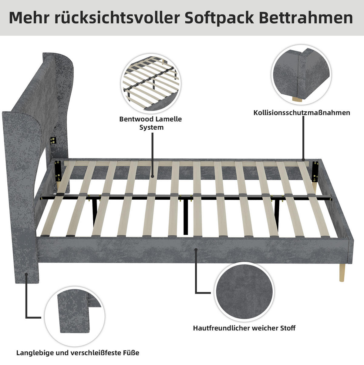 POLSTERBETT 140/200 cm grau aus Stoff und Metall mit gepolstertem Kopfteil - Grau, Textil (140/200cm) - OKWISH