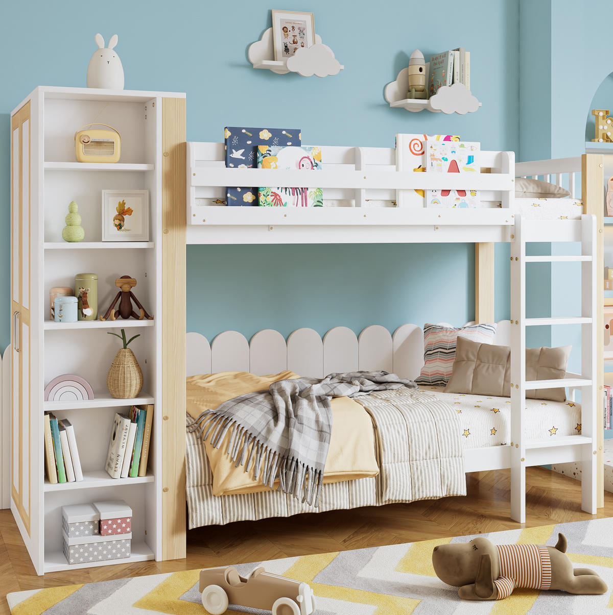 ETAGENBETT 90/200 cm in Weiß/Natur mit Kleiderschrank und 6 Regalen - Weiß, Holzwerkstoff (90/200cm) - Flora Grace