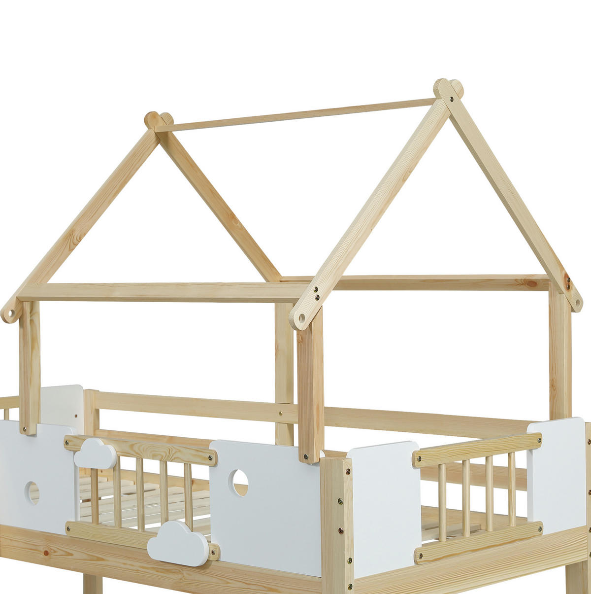 HAUSBETT 90/200 cm Weiß/Natur aus Kiefer, MDF und Sperrholz mit Dachdesign - Naturfarben, Holzwerkstoff (90/200cm) - OKMYHOME