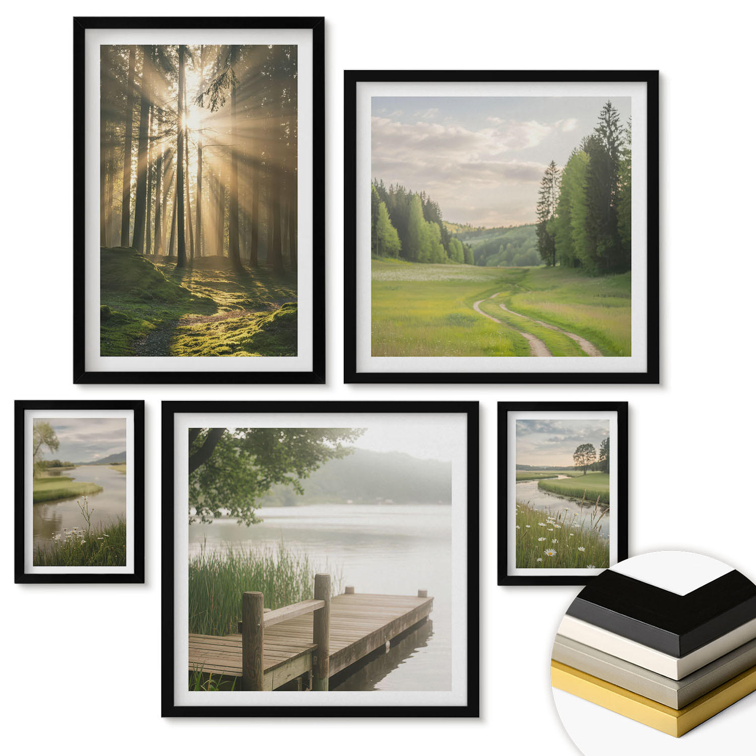 WANDBILDER 5er-Set - 50x50 cm & 20x30 cm & 40x60 cm Schwarzer Rahmen - Frühlingslandschaft Flusswiese - Schwarz, Kunststoff (40/60cm) - ArtPrintCave