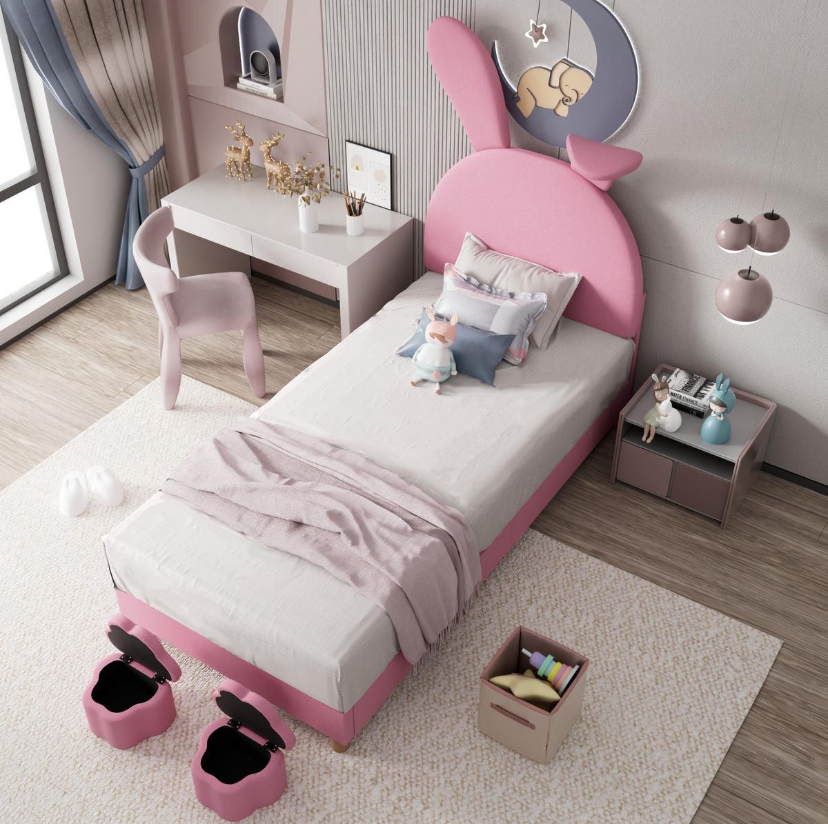 SAMT-POLSTERBETT 90/200 cm in Rosa mit LED-Beleuchtung & verstellbarem Kopfteil - Rosa, Textil (90/200cm) - BEAOK