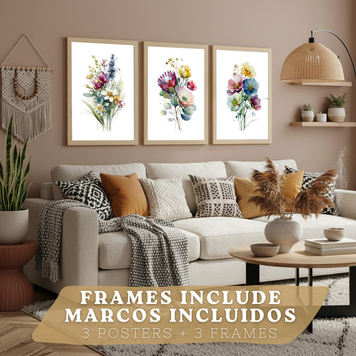 PLAKAT Sada 3 botanických uměleckých tisků. Květinové nástěnné umění. Květinové tisky. Velikost Světlý dřevěný rám A3 - béžová, papír (29.7/42/3cm) - Nacnic