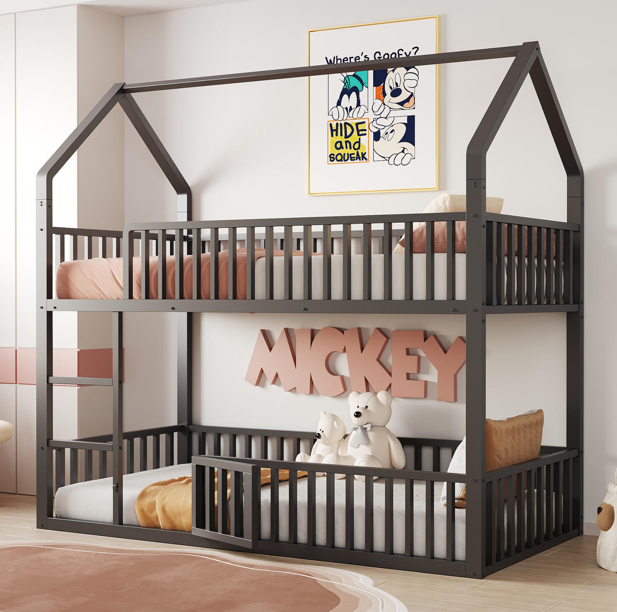 ETAGENBETT 90/200 cm mit Frontleiter, Hausrahmen und Tür, Schwarz - Schwarz, Metall (90/200cm) - Redom
