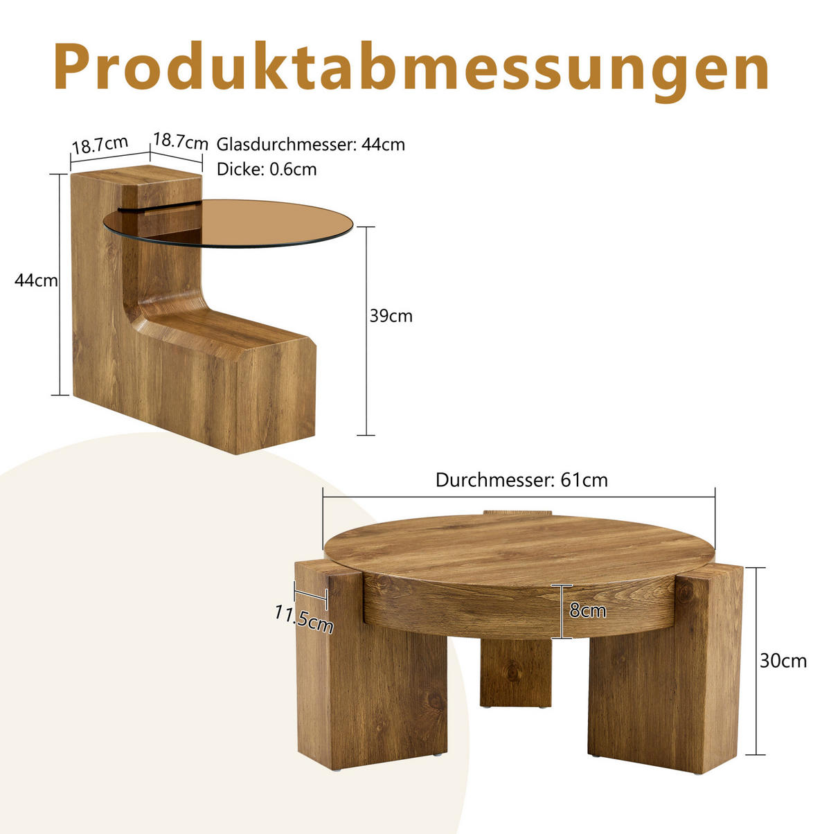 KONFERENČNÍ stolek 61/61/30 cm dřevodekor z MDF s tónovaným sklem 2v1 - přírodní, kompozitní dřevo (61/61/36cm) - OKWISH