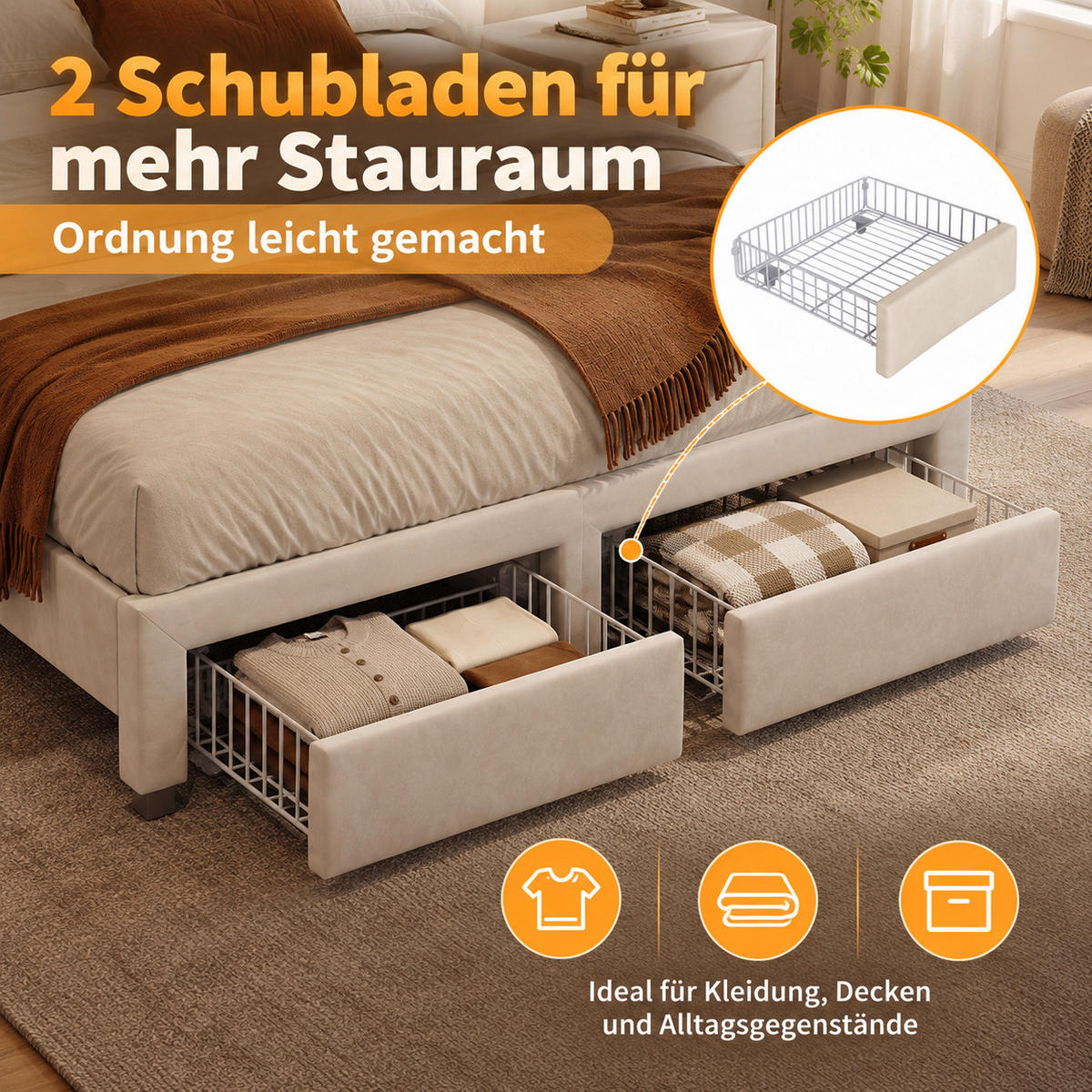 POLSTERBETT 140/200 cm mit Ablagekopfteil, LED-Beleuchtung, USB-Anschluss, Seitenablagen und zwei Unterbettschubladen - Beige, Holz/Metall (140/200cm) - Joyfair