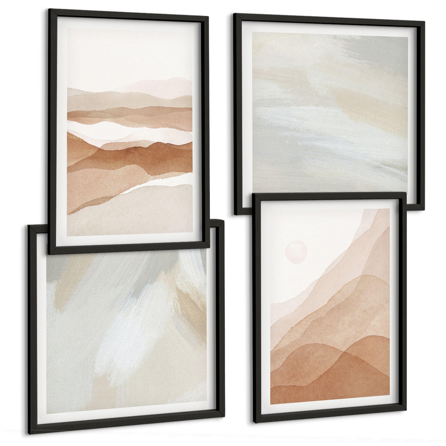 BILDER SET 4er Set - 50x50 cm & 40x60 cm Schwarzer Rahmen - Abstrakte braune Landschaften - Schwarz, Kunststoff (50/50cm) - TULUP