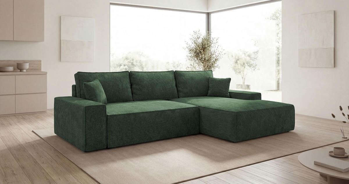 ROHOVÁ pohovka VERONA pravá zelená manšestr Poso 14 - funkce spaní, úložný prostor - zelená barva, textil (280/184cm) - Cornero