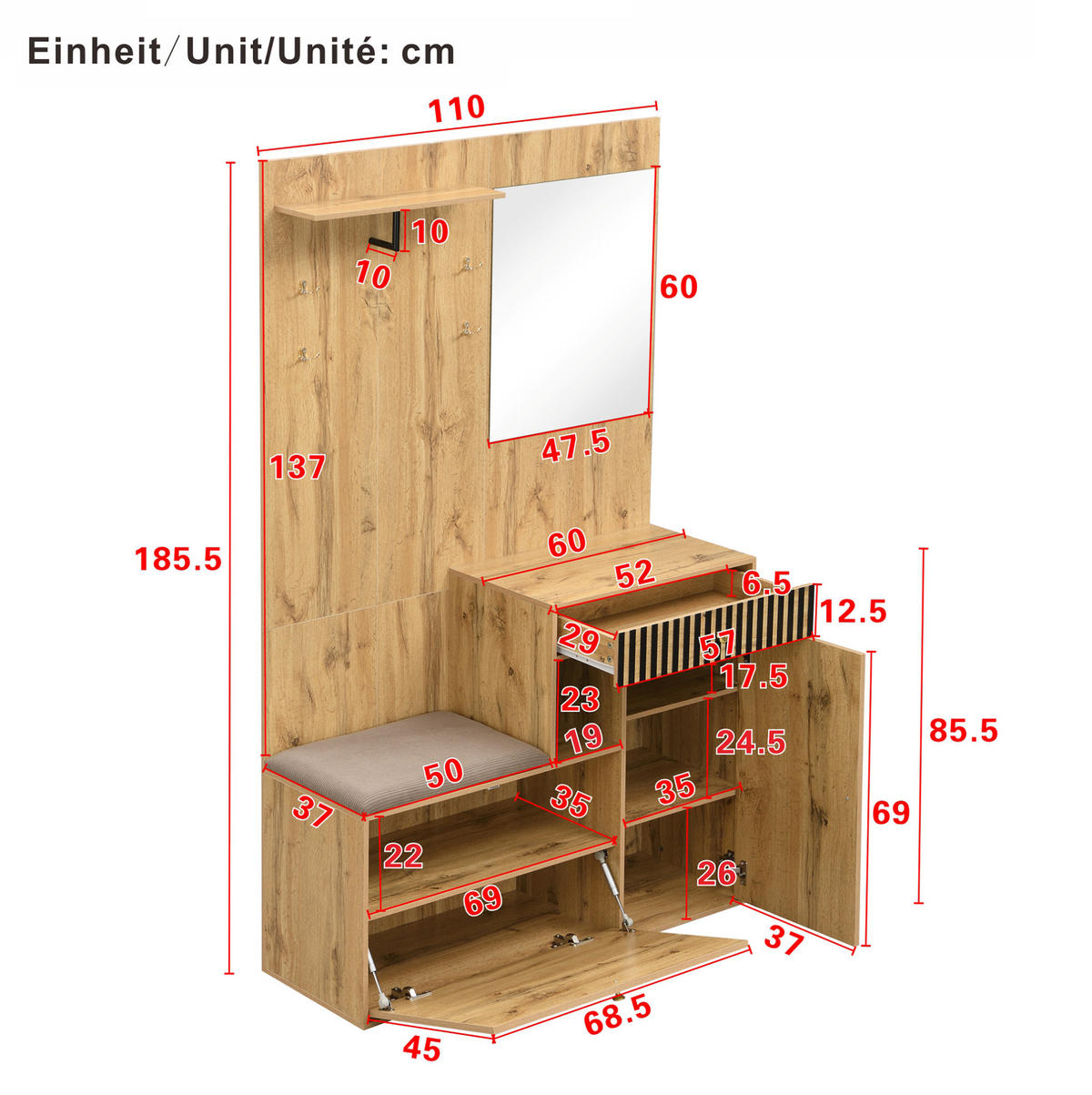 GARDEROBE 110/185,5/37 cm Schwarz/Natur aus MDF mit Spiegel - Schwarz, Holzwerkstoff (37/185.5/110cm) - OKMYHOME