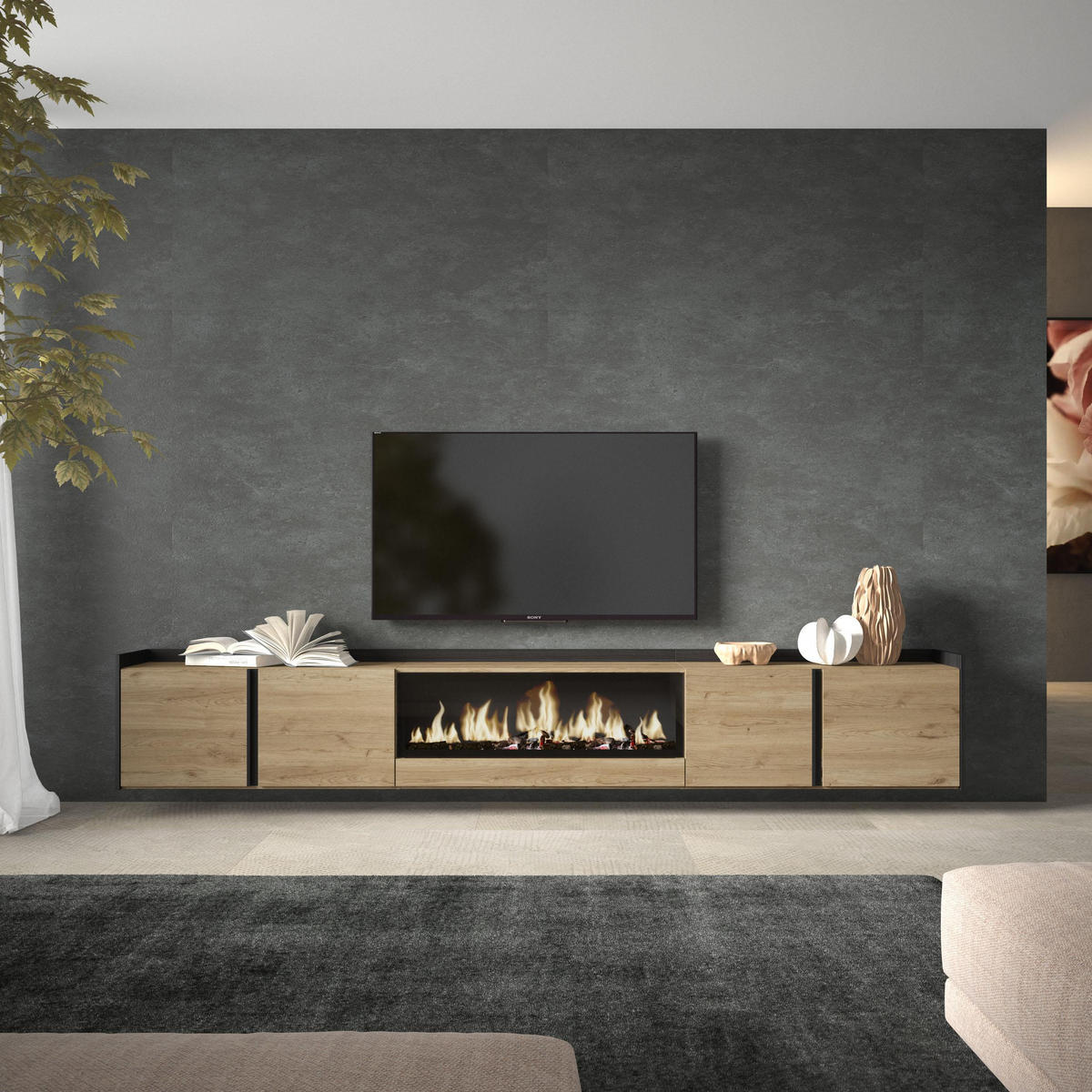 LOWBOARD, Eiche und Schwarz, 315/35/50cm, Kamin mit Feuereffekt XXL - Eichefarben, Holzwerkstoff (315/50/35cm) - Skraut Home