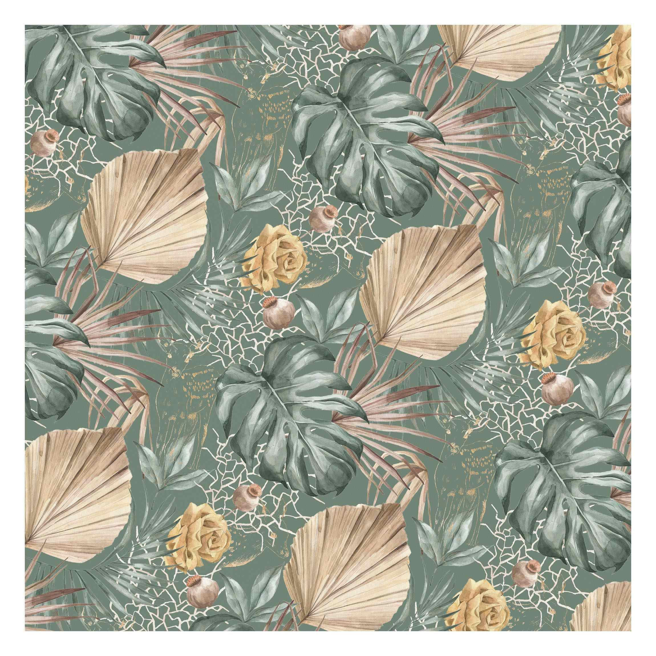 FOTOTAPETE Große Blätter mit Rosen vor Grün 288/288 cm - Grün, Papier (288/288cm) - Bilderwelten