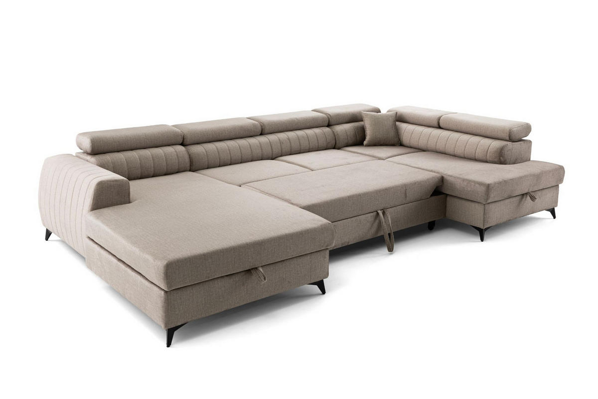 ECKSOFA U-Form PIERO U Rechts mit Schlaffunktion 125x260 Velours Beige - Beige/Schwarz, Holz/Textil (203/90/350cm) - Muffo