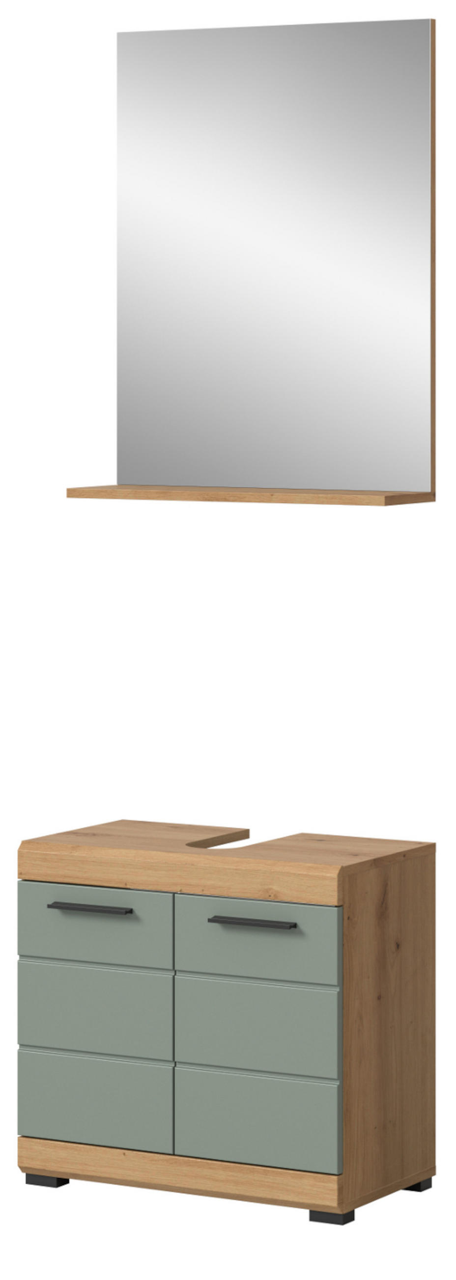 BADMÖBEL-SET Salbei grün, Eiche Artisan 2-teilig 60 cm, Kombination mit Spiegel - Salbeigrün/Schwarz, Glas/Holzwerkstoff (60/191/34cm) - Inn.Furn